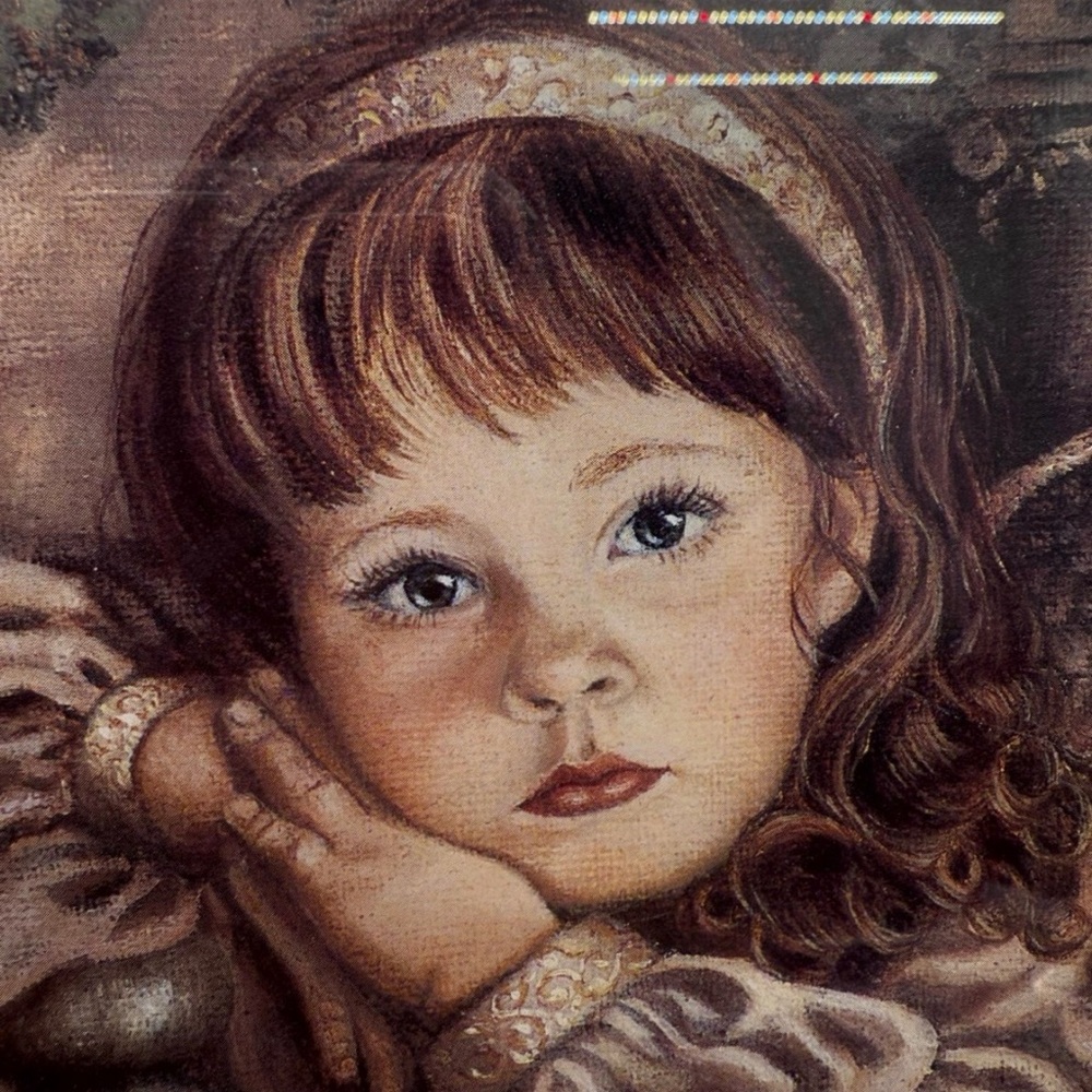 Vintage Home Decor Floral Angel Cherub Art Print Wooden Frame Glass 1987 USA HTF